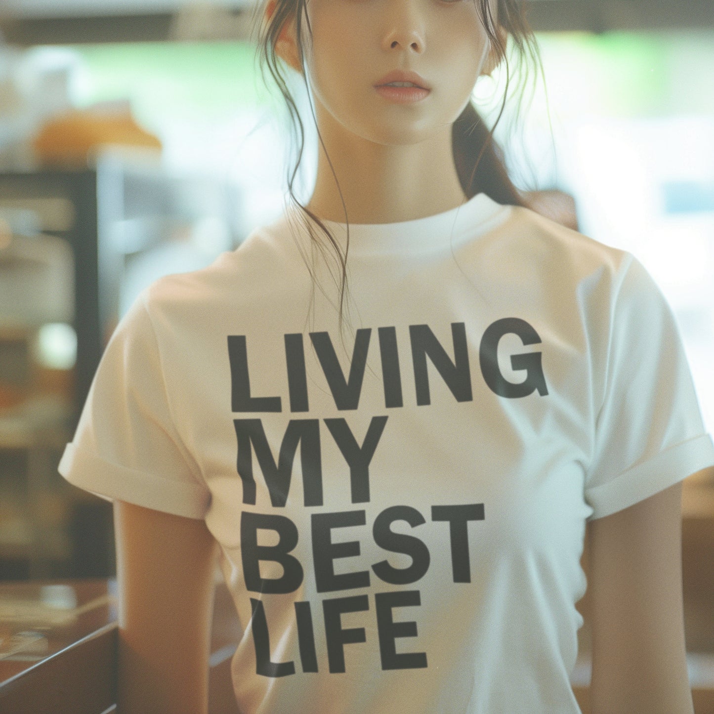 White shirt says Living my best life, motivational shirt