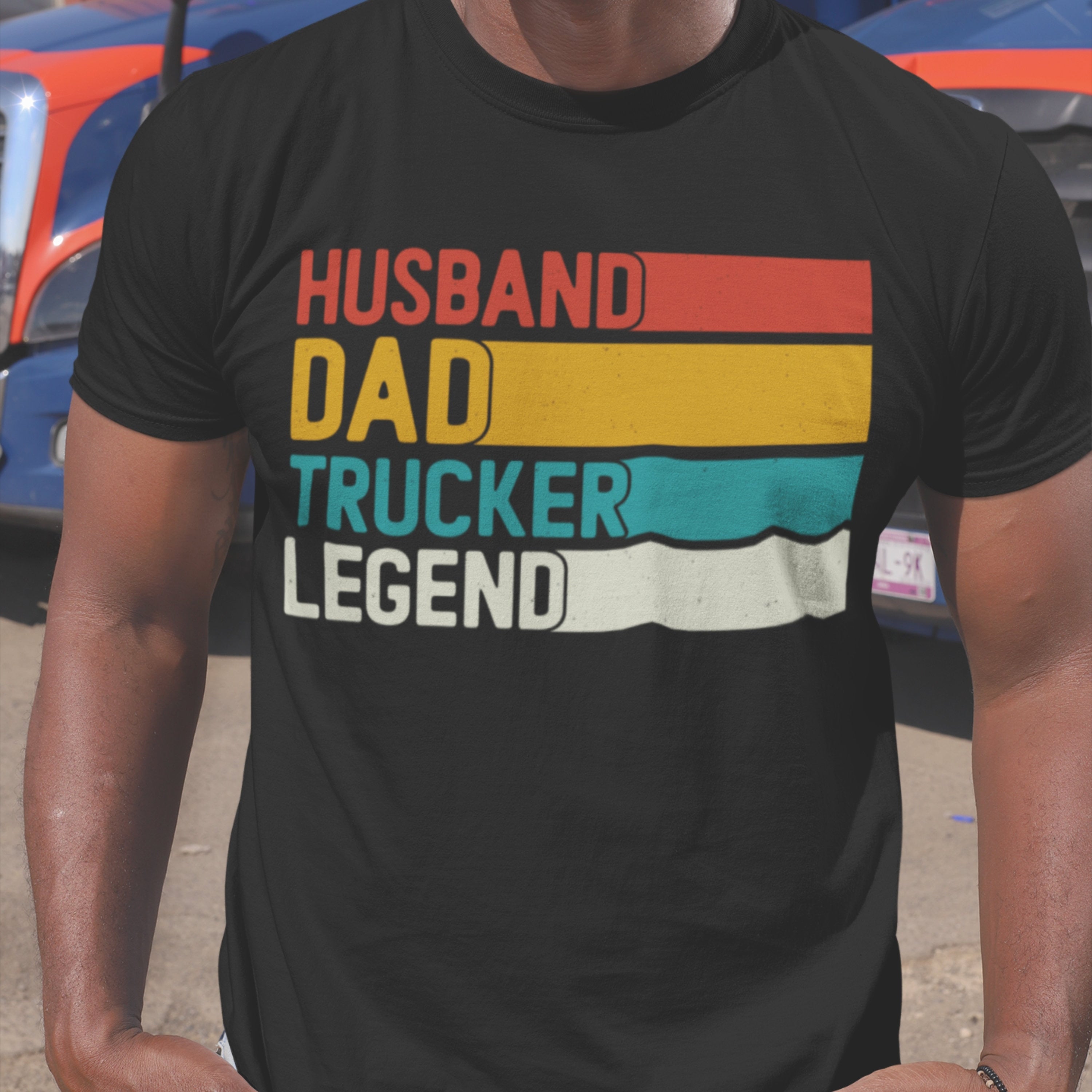 shirt says, Husband Dad Trucker Legend, trucker shirt, black