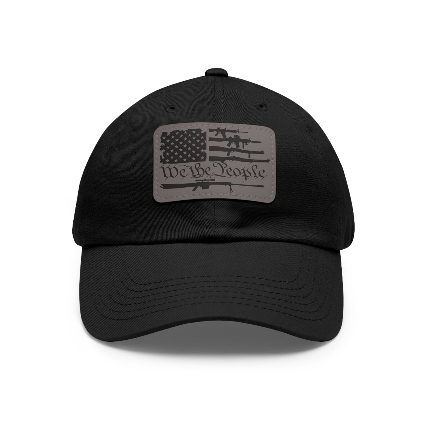 Hat with a leather patch on the front that says We the people, American flag